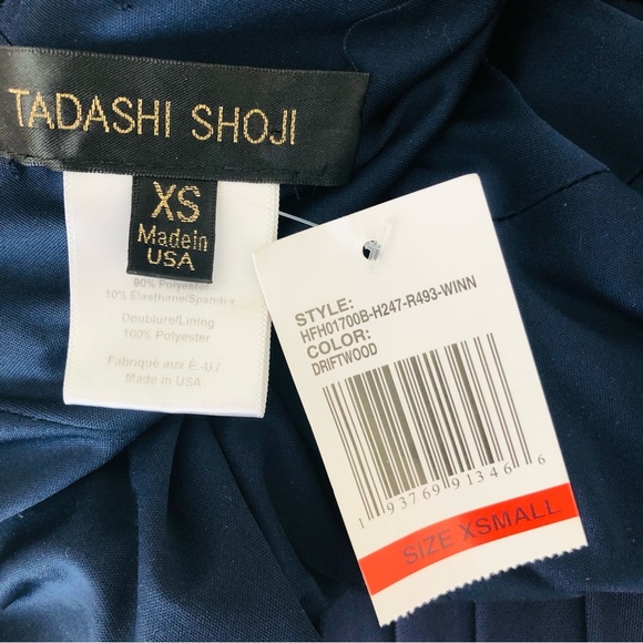 Tadashi Shoji Asymmetric Ruched Sleeve Gown Dress with Train Navy Blue XS S - Picture 12 of 13